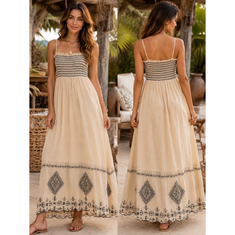 House of Harlow 1960 Cream Embroidered Smocked Cotton Maxi Dress Womens Large